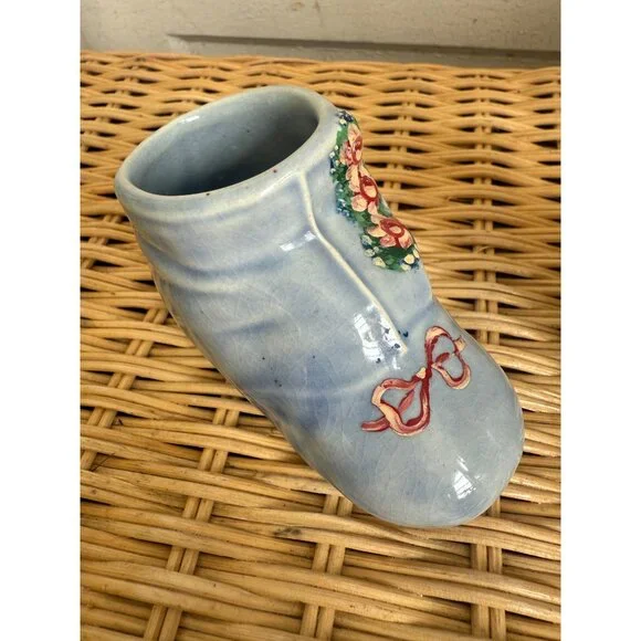 Vintage 50's Blue Shoe Pair Planter Vases Hand Painted Roses - Picture 11 of 13